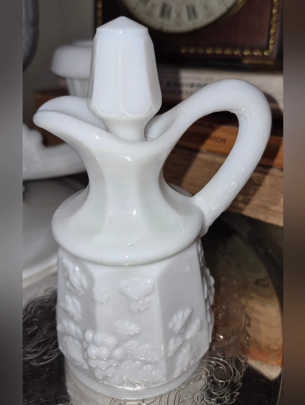 Vintage Westmoreland Paneled Grape Milk Glass Cruet with a matching stopper